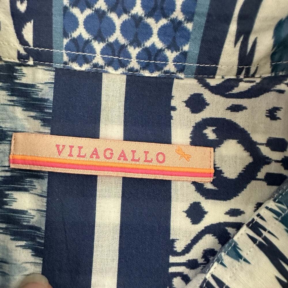 Vilagallo Womens Button Up Top Size 40 M Blue Ikat Stripe Mixed Print Light - Picture 6 of 13